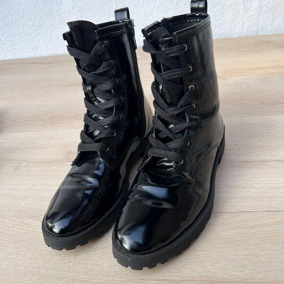 H&M Faux Patent Leather Lace Up & Zip Up Black Combat Boots Size 8 / 90s Grunge - Picture 12 of 12